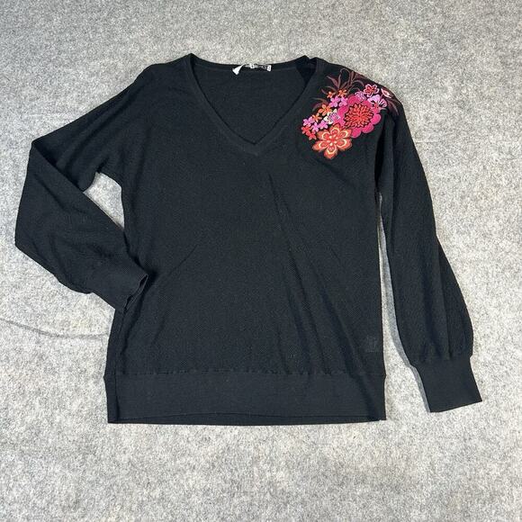 Trina Turk Sweater Womens Large Merino Wool V-Neck Embroidered Floral Pullover - Picture 1 of 9